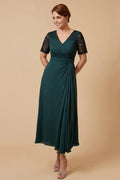 A Line V-Neck Sleeve Zipper Up Ankle-Length Mother of the Bride Dress