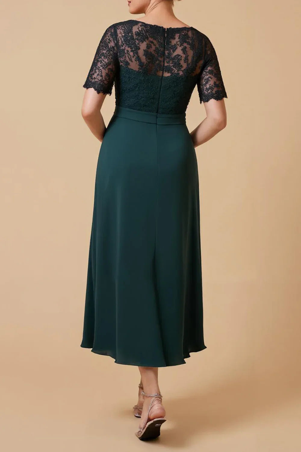 A Line V-Neck Sleeve Zipper Up Ankle-Length Mother of the Bride Dress