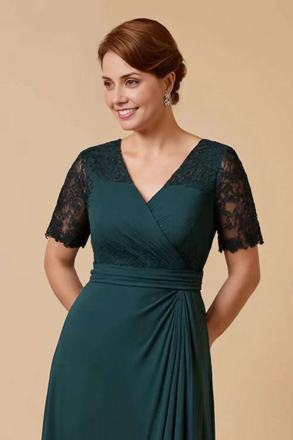 A Line V-Neck Sleeve Zipper Up Ankle-Length Mother of the Bride Dress