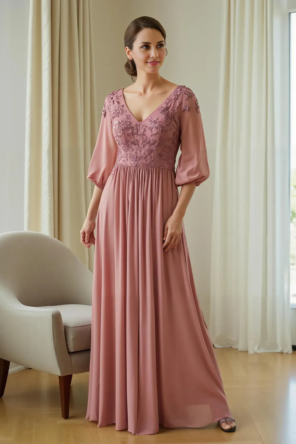 A Line V-Neck Long Sleeve V Back Floor-Length Mother of the Bride Dress