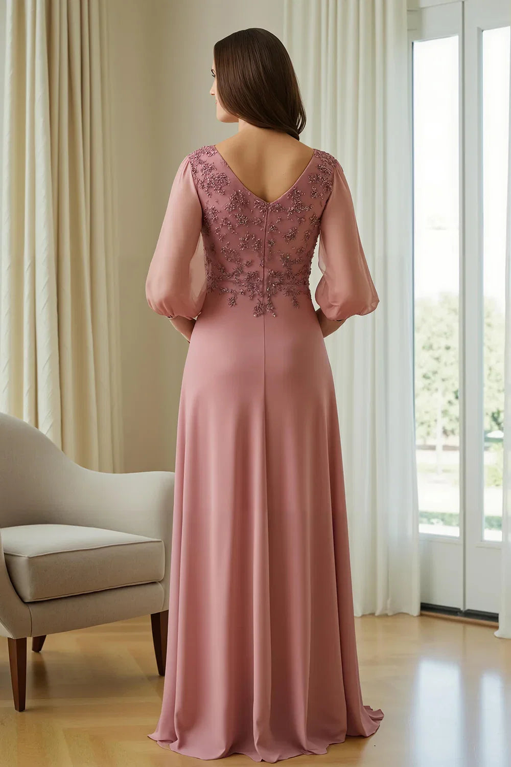 A Line V-Neck Long Sleeve V Back Floor-Length Mother of the Bride Dress