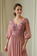 A Line V-Neck Long Sleeve V Back Floor-Length Mother of the Bride Dress