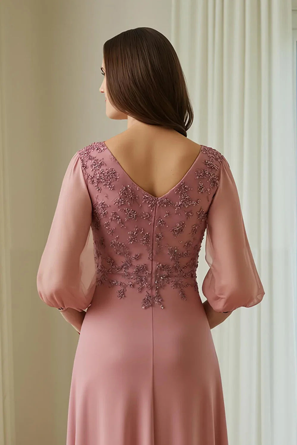 A Line V-Neck Long Sleeve V Back Floor-Length Mother of the Bride Dress