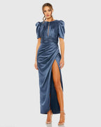 Bodice High Neck Puff Sleeve Zipper Up Ankle-Length Prom Dress