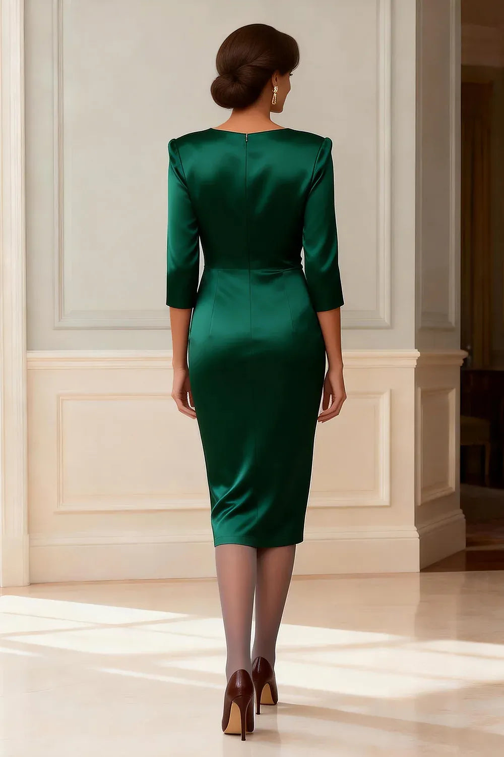 Bodycon V Neck Long Sleeve Ruched Tea-Length Mother of the Bride Dress