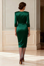 Bodycon V Neck Long Sleeve Ruched Tea-Length Mother of the Bride Dress