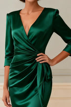 Bodycon V Neck Long Sleeve Ruched Tea-Length Mother of the Bride Dress