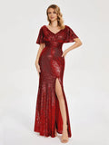 Column/Sheath V-neck Short Sleeves Backless Floor-Length Prom Dress