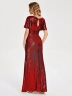 Column/Sheath V-neck Short Sleeves Backless Floor-Length Prom Dress