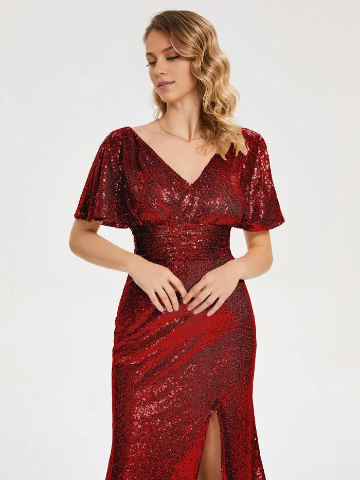 Column/Sheath V-neck Short Sleeves Backless Floor-Length Prom Dress