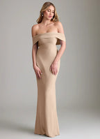 Modern Draped Bridesmaid Dress with Off-the-Shoulder Neck, Open Back and Mermaid Silhouette