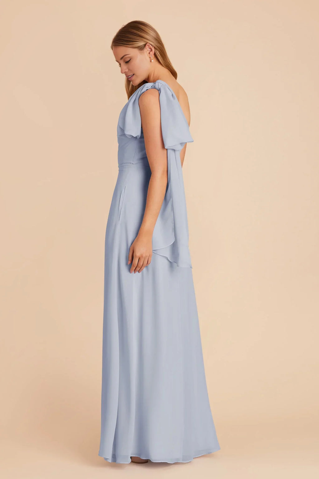 Modern Dusty Blue Chiffon One-Shoulder Maxi Bridesmaid Dress with Draped Sash & High Side Slit