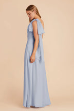 Modern Dusty Blue Chiffon One-Shoulder Maxi Bridesmaid Dress with Draped Sash & High Side Slit