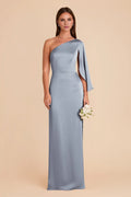 Modern Dusty Blue Satin One-Shoulder Cape-Sleeve Form-Fitting Floor-Length Bridesmaid Gown