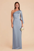 Modern Dusty Blue Satin One-Shoulder Cape-Sleeve Form-Fitting Floor-Length Bridesmaid Gown