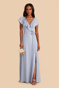 Modern Dusty Blue Satin One-Shoulder Cape-Sleeve Form-Fitting Floor-Length Bridesmaid Gown