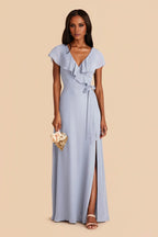 Modern Dusty Blue Satin One-Shoulder Cape-Sleeve Form-Fitting Floor-Length Bridesmaid Gown