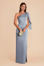 Modern Dusty Blue Satin One-Shoulder Cape-Sleeve Form-Fitting Floor-Length Bridesmaid Gown