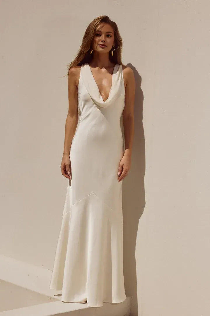 Fitted Cowl Neck Sleeveless Backless Floor-Length Prom Dress
