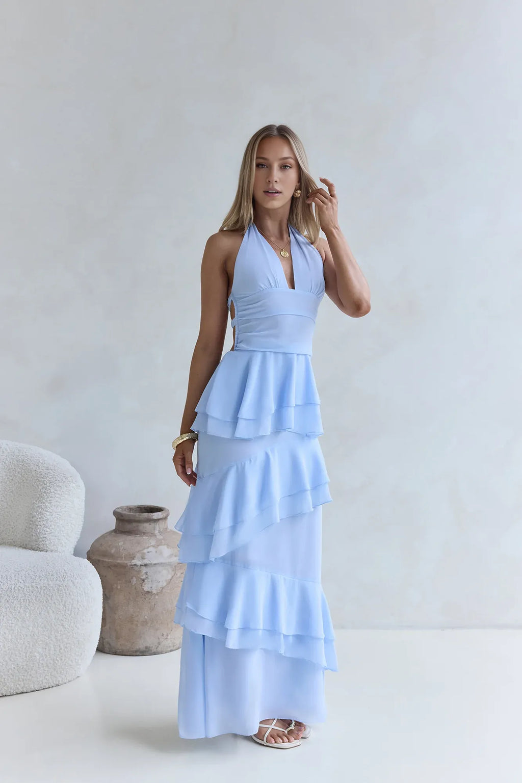 Fitted Halter Neck Sleeveless Backless Floor-Length Cocktail Dress