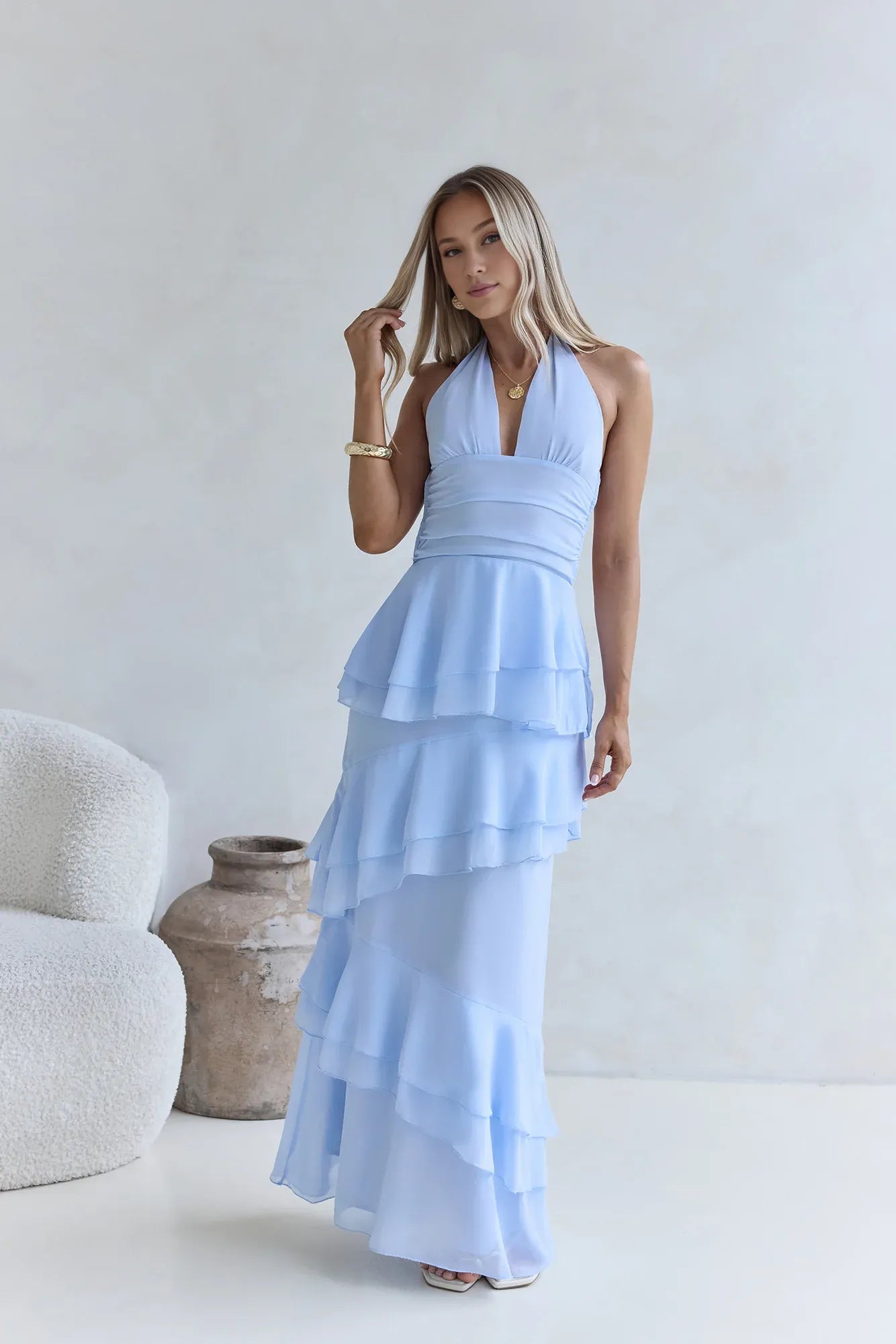 Fitted Halter Neck Sleeveless Backless Floor-Length Cocktail Dress