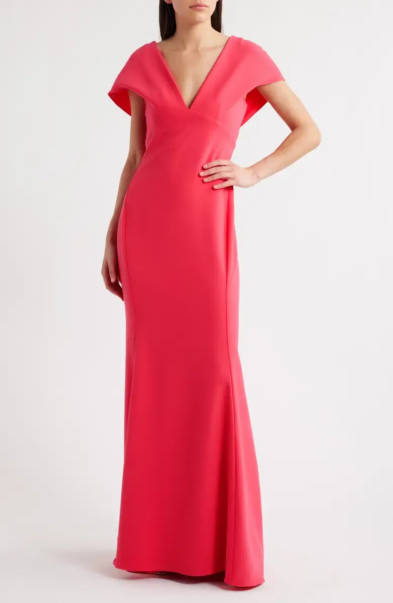 Fitted V Neck Flutter Sleeve Backless Floor-Length Prom Dress