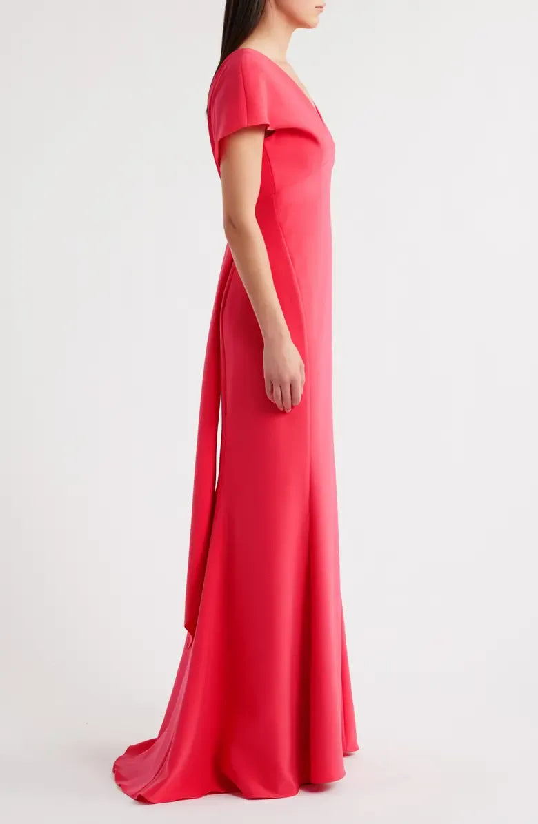 Fitted V Neck Flutter Sleeve Backless Floor-Length Prom Dress