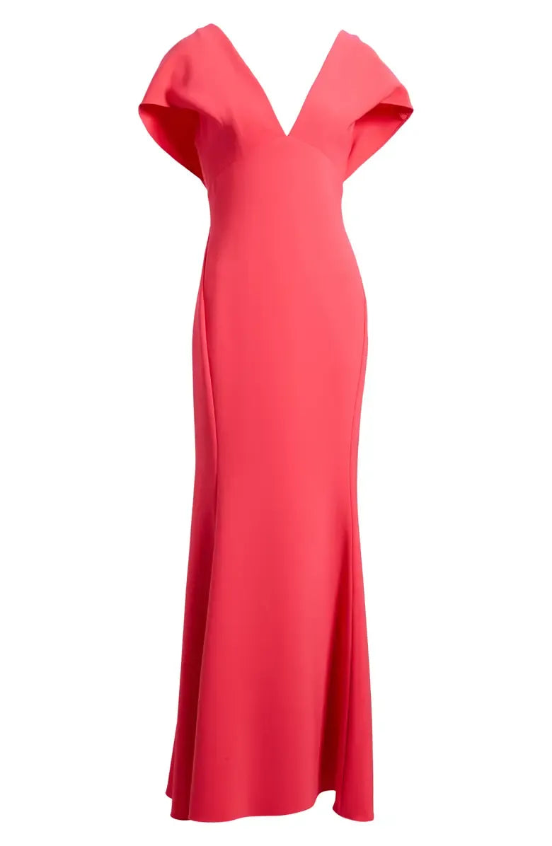 Fitted V Neck Flutter Sleeve Backless Floor-Length Prom Dress