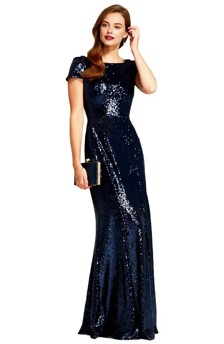 Mermaid Boat Neck Cap Sleeve Floor-Length Prom Dress