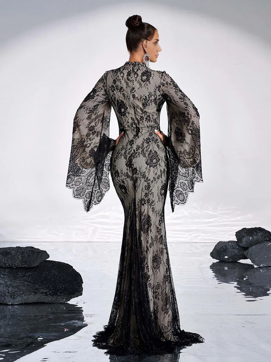 Mermaid High Neck Long Sleeve Back Zip Floor-Length Prom Dress