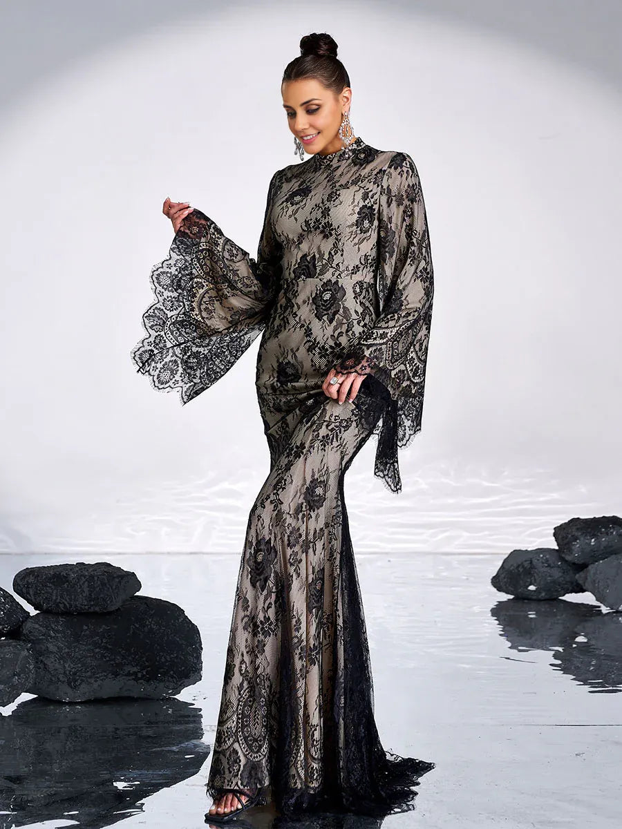 Mermaid High Neck Long Sleeve Back Zip Floor-Length Prom Dress