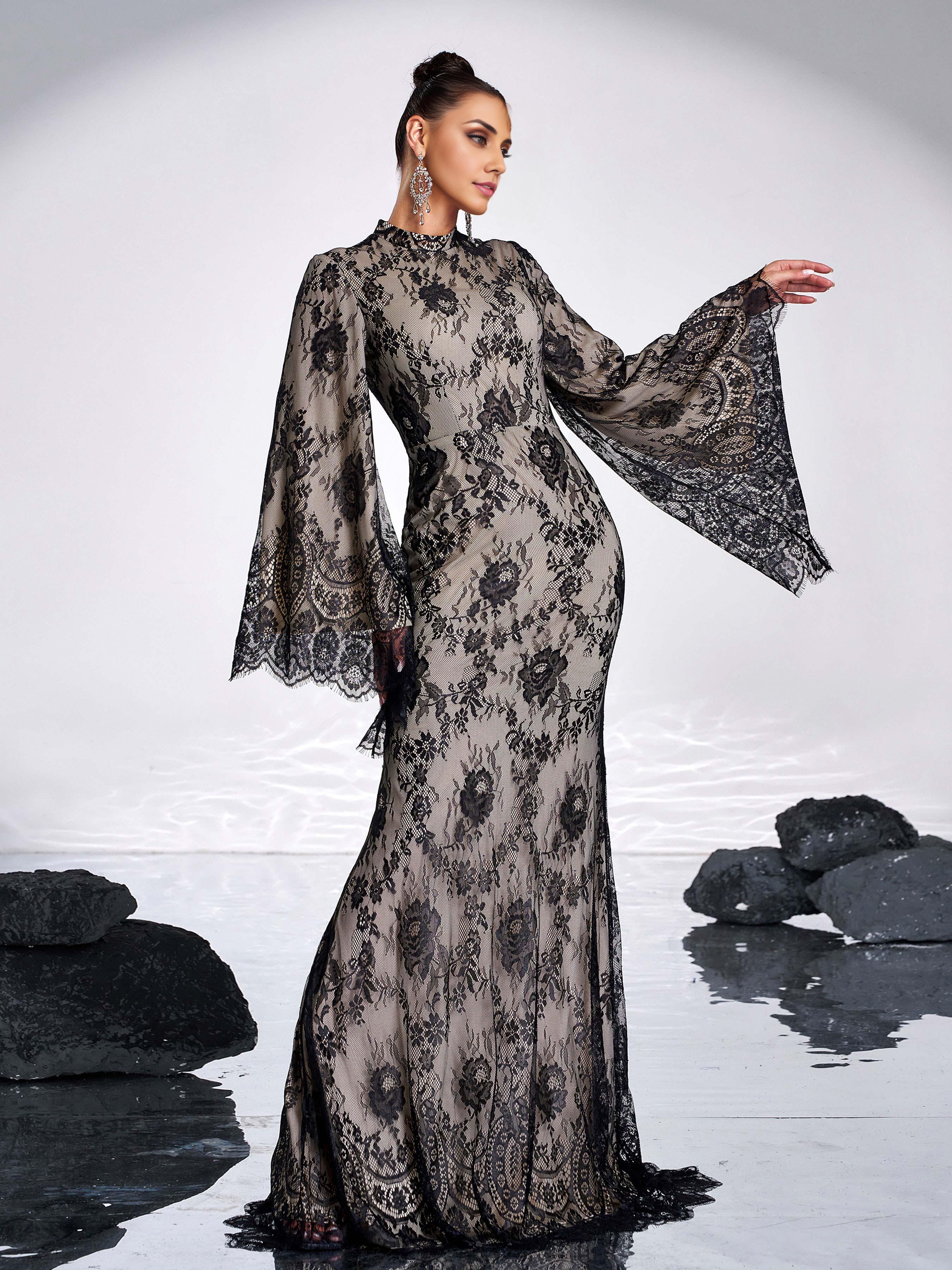 Mermaid High Neck Long Sleeve Back Zip Floor-Length Prom Dress