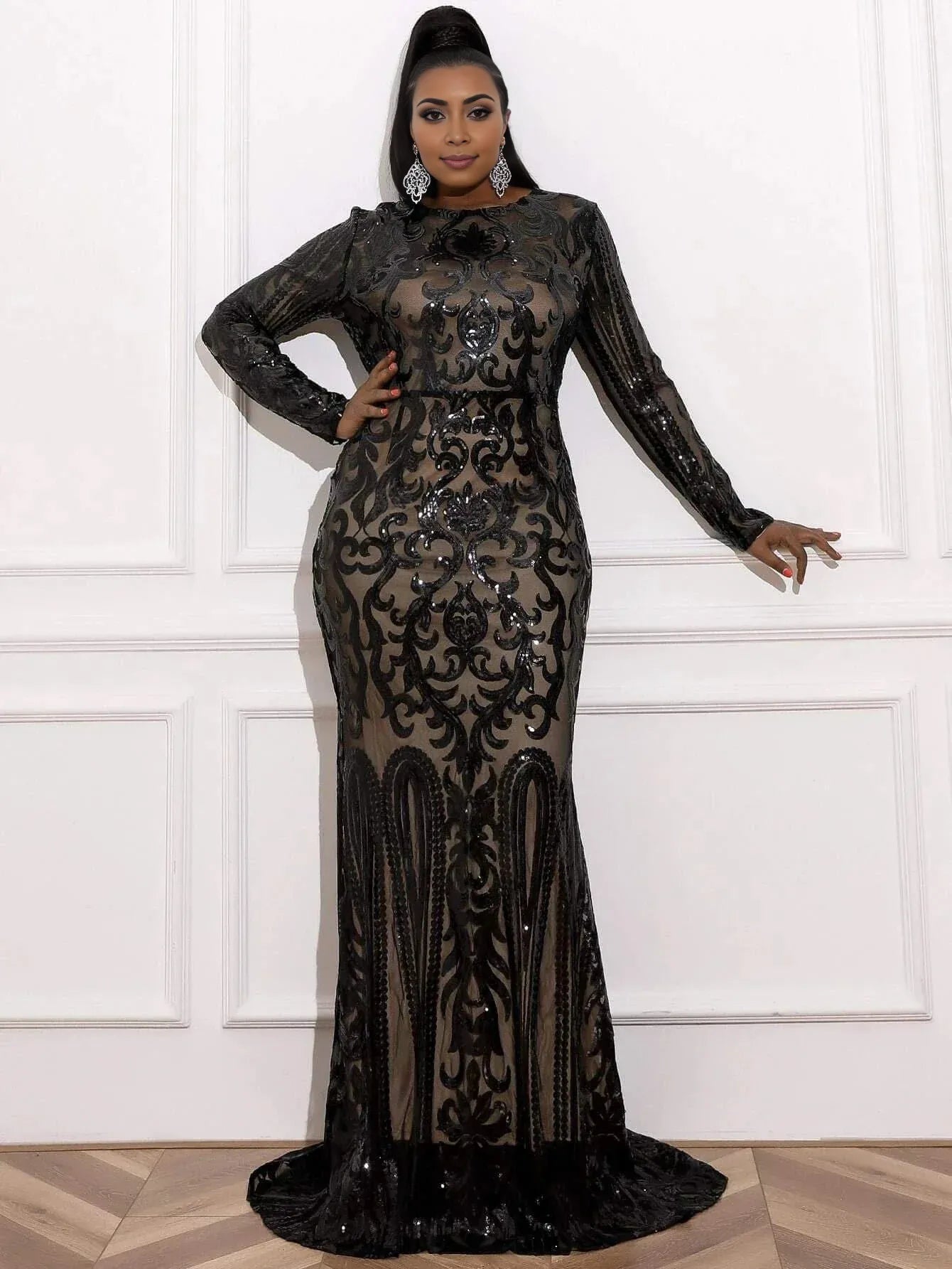 Mermaid High Neck Long Sleeve Zipper Up Sweep/Brush Train Plus Size Prom Dress