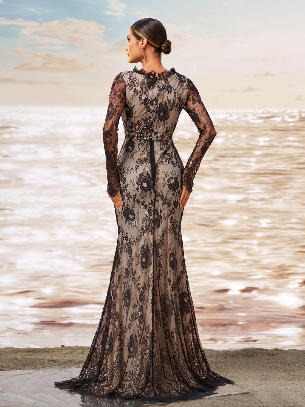 Mermaid High Neck Long Sleeve Zipper Up Sweep/Brush Train Prom Dress