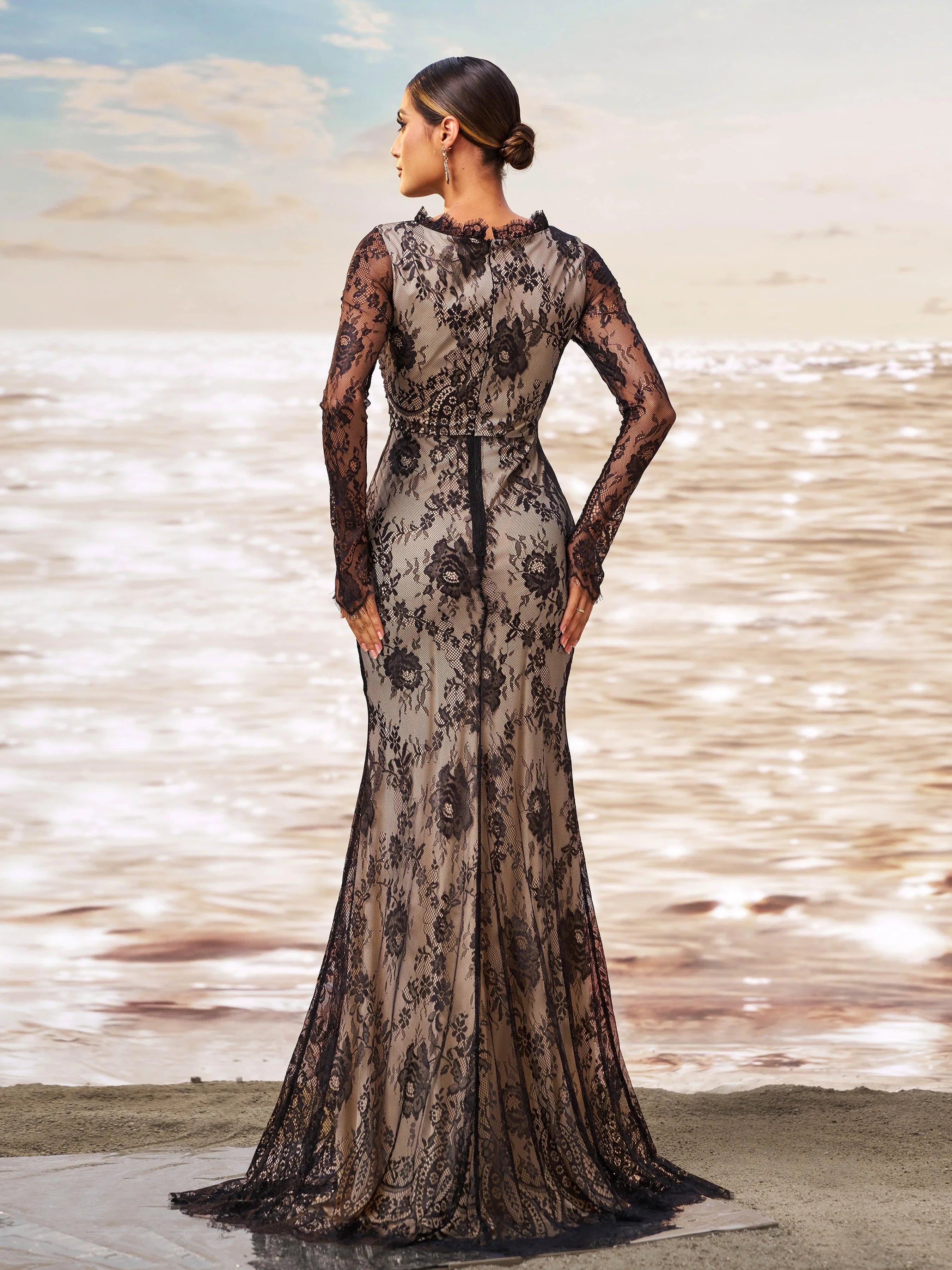 Mermaid High Neck Long Sleeve Zipper Up Sweep/Brush Train Prom Dress