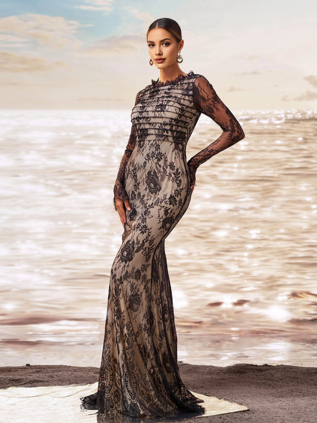 Mermaid High Neck Long Sleeve Zipper Up Sweep/Brush Train Prom Dress