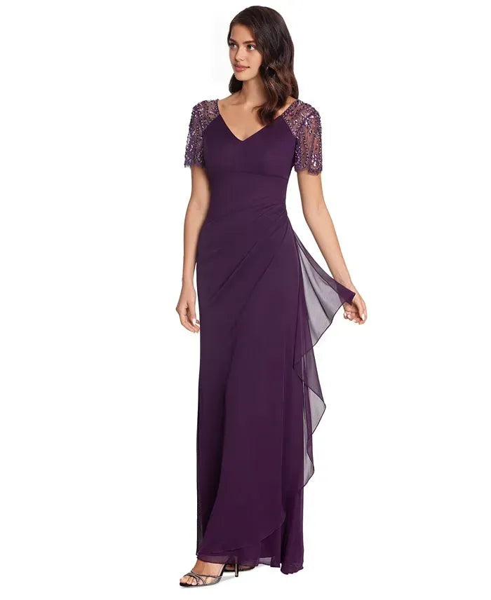 Mermaid V Neck Short Sleeve Pleated Floor-Length Prom Dress