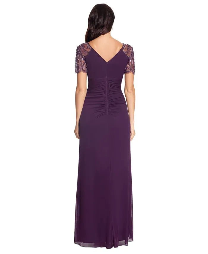 Mermaid V Neck Short Sleeve Pleated Floor-Length Prom Dress