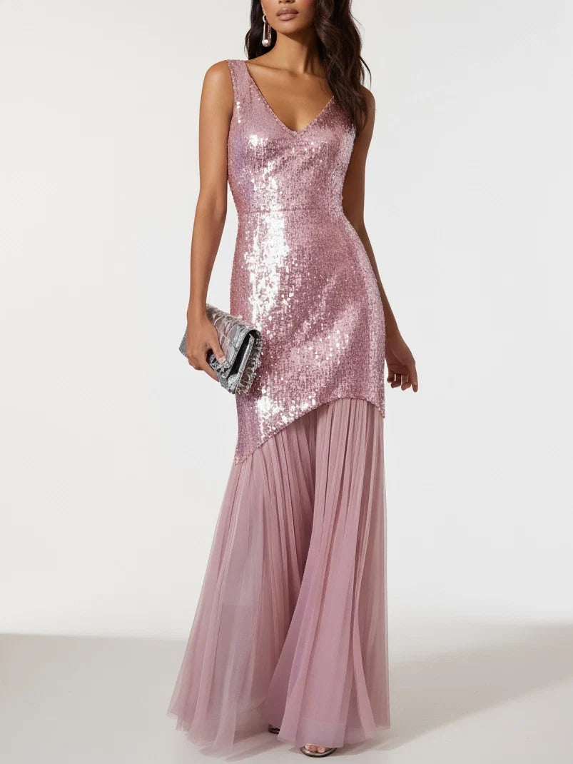 Mermaid V Neck Sleeveless Zipper Up Floor-Length Prom Dress
