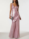 Mermaid V Neck Sleeveless Zipper Up Floor-Length Prom Dress
