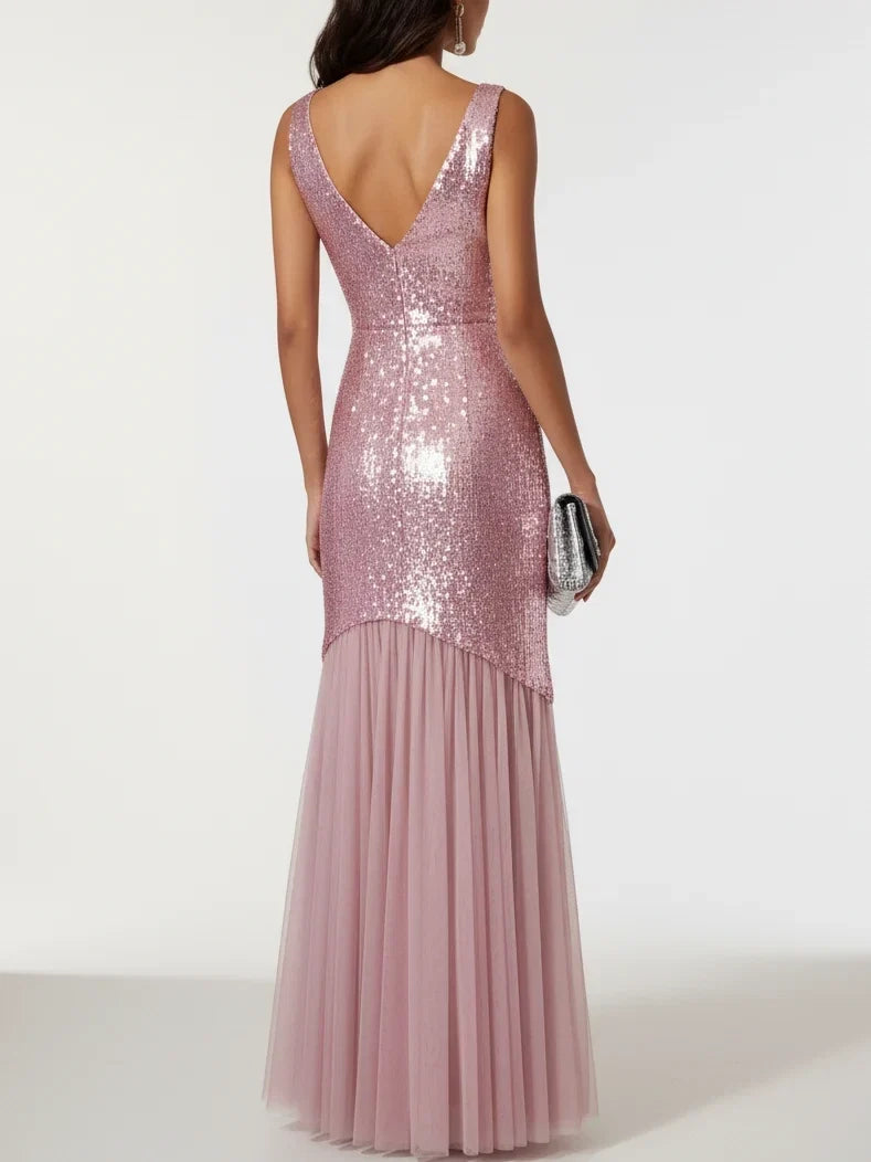 Mermaid V Neck Sleeveless Zipper Up Floor-Length Prom Dress