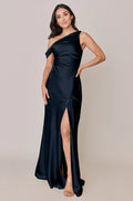 Modern One-Shoulder Navy Blue Satin Bridesmaid Dress with Ruched Bodice & High Thigh Slit