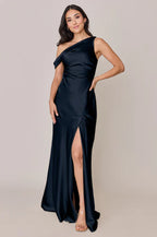 Modern One-Shoulder Navy Blue Satin Bridesmaid Dress with Ruched Bodice & High Thigh Slit