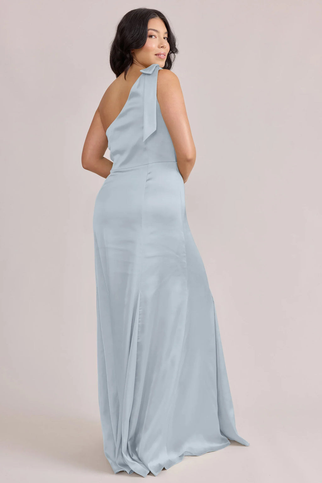 Modern One-Shoulder Satin A-Line Bridesmaid Dress with Bow Detail in Sky Blue