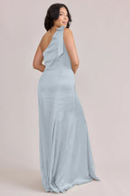 Modern One-Shoulder Satin A-Line Bridesmaid Dress with Bow Detail in Sky Blue
