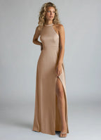 Modern Satin A-Line Halter Sleeveless Crisscross Back Floor-Length Bridesmaid Dress with Slit
