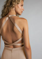 Modern Satin A-Line Halter Sleeveless Crisscross Back Floor-Length Bridesmaid Dress with Slit