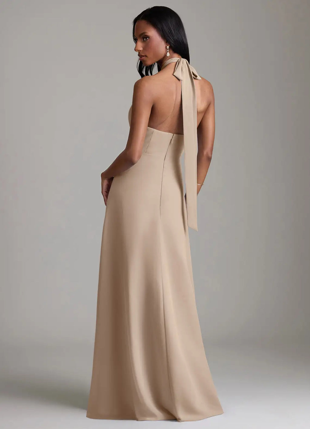 Modern Satin Bridesmaid Dresses with Halter Neckline, Keyhole Detail and High Slit Formal Gown