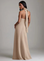 Modern Satin Bridesmaid Dresses with Halter Neckline, Keyhole Detail and High Slit Formal Gown