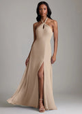 Modern Satin Bridesmaid Dresses with Halter Neckline, Keyhole Detail and High Slit Formal Gown